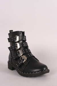 Studded Buckle Strap Lug Sole Moto Booties - visitors