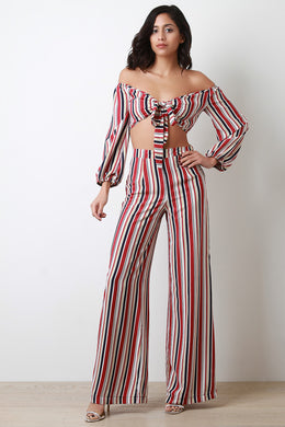 Striped Off-The-Shoulder Crop Top with Palazzo Pants - visitors