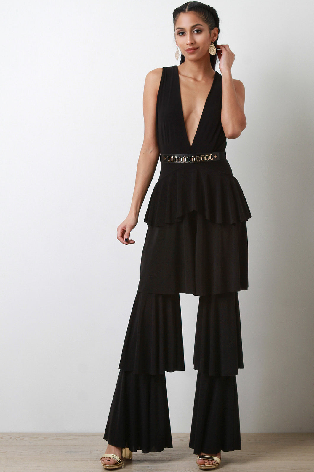 Ruffle Tiered Deep-V Jumpsuit - visitors
