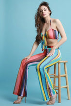 Vibrant Striped Mesh Bandeau Top with Flare Pants Set - visitors