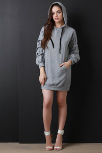 French Terry Ruched Statement Sleeve Hoodie Dress - visitors