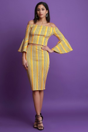 Striped Bell Sleeve Crop Top With High Waisted Skirt Set - visitors