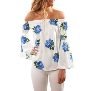 Long Sleeve Flare Sleeve Blouse 2017 Sexy Women Off Shoulder Floral Print Blusa Large Casual Slash Neck Summer Beach Tops Shirt - visitors