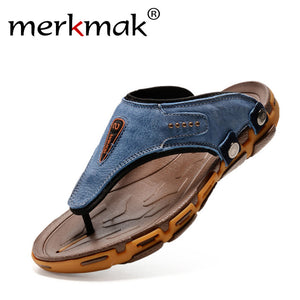 Merkmak Brand Hot Fashion Breathable Slippers Summer Shoes Genuine Leather Flip Flops Beach Slippers Best Quality Free Shipping - visitors