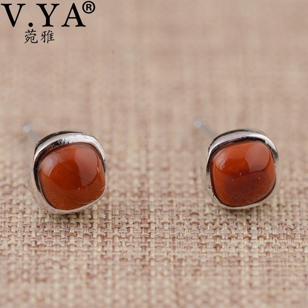 V.YA Red Color Natural Stone Earrings for Women 100% 925 Sterling Silver Vintage Stud Earrings Anti-Allergic Jewelry Brinco - visitors