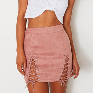Malibu Casual, Lace Up Faux Leather Suede Pencil Skirt - visitors