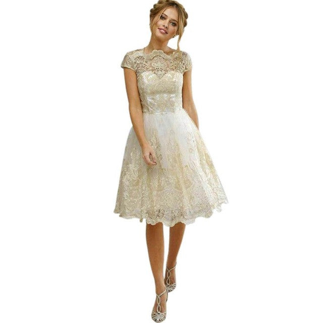 Elegant Vintage Autumn Dress Women Lace Embroidery Prom Formal Empire Knee-Length Party Bridesmaid Ball Gowns Dress - visitors