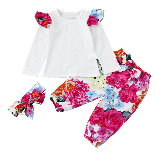 Toddler Infant Baby Girls Outfits Set Head bands + T-shirt + Floral Pants Fashion Cotton Kids Girl Clothes 3PCS - visitors