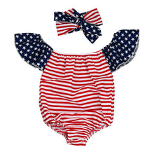 Newborn Baby Girl Rompers Off Shoulder Kids Clothes Striped Flag printing Rompers Toddler Jumpsuit  +Headband 2pcs Outfits Set - visitors