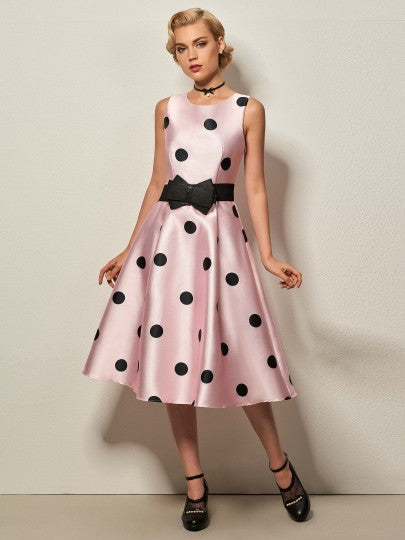 Pink No Belt Polka Dots Women's Day Dress - visitors