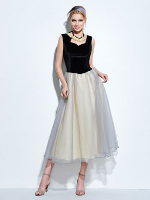 Malibu Vintage, Black Square Neck Mesh Patchwork Dress  - Plus Size Available - visitors