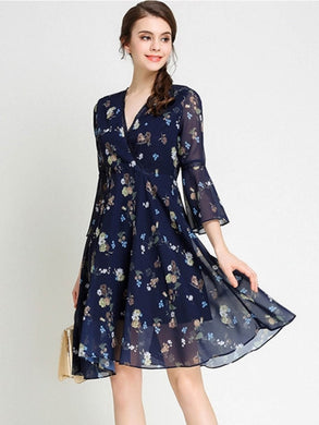 Country Elegance, Chiffon Blue Flared Sleeve Women's Day Dress - visitors