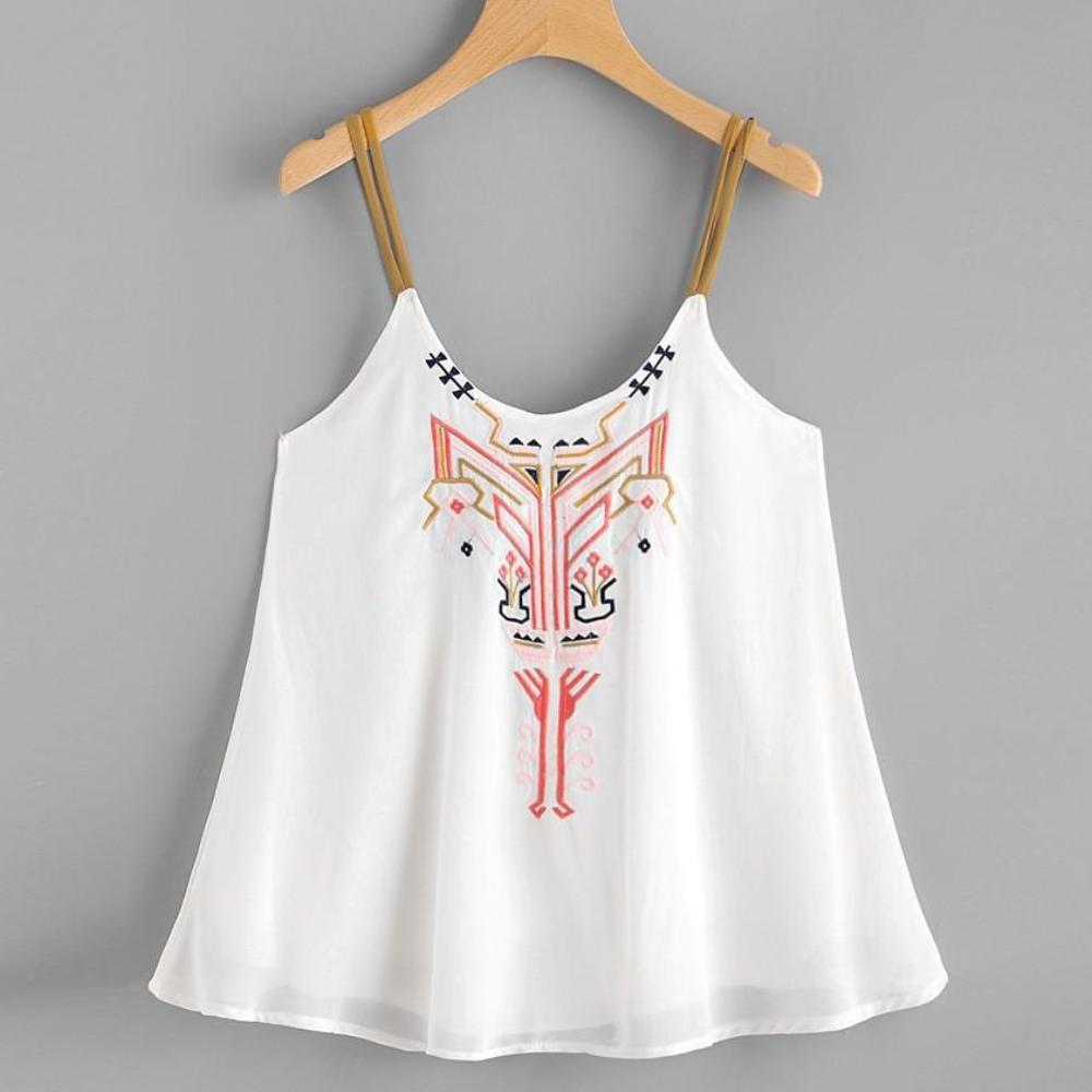 Casual Women Embroidery Cami Top Sleeveless Crop Top Vest Tank Shirt Tie Clothing 2017 Vintage O Neck Satin Camisole Plus Size - visitors