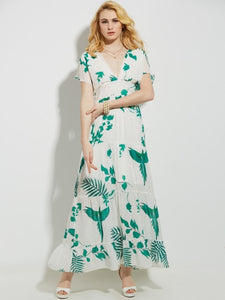 Pleated Vacation Plant Print A-Line Women's Maxi Dress - visitors