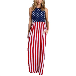Women's Summer Sleeveless Round Neck Dress USA American Flag Print Casual Sundress - visitors