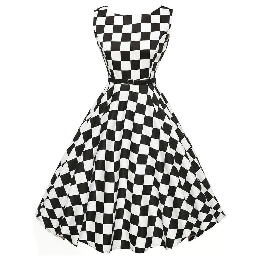 Women Vintage Plaid Bodycon Sleeveless Casual Evening Party Prom Swing Dress - visitors