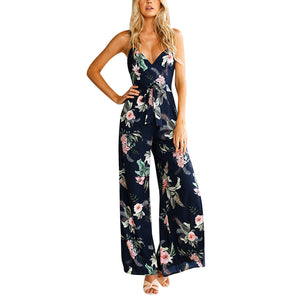 Women Jumpsuit V-Neck Floral Printed Sleeveless Party Trousers Bodysuit - visitors