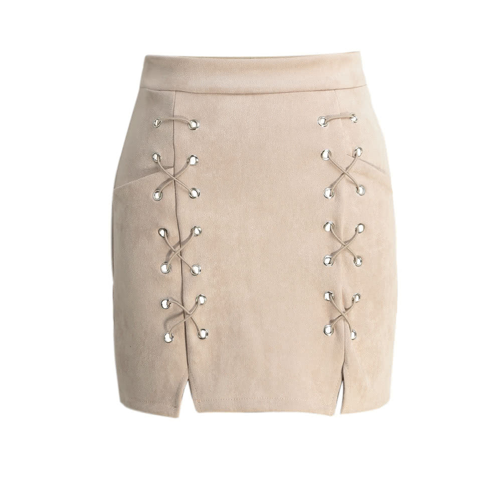 Malibu Casual, Lace Up Suede Leather Pencil Skirt with Zipper - visitors