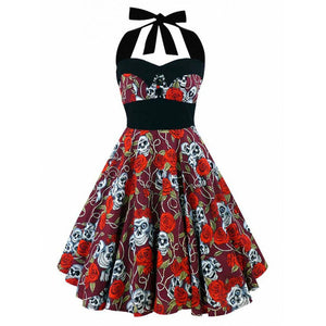 Women 2018 50s 60s Hepburn Style Vintage Rockabilly Sleeveless 3D Skull Floral Printed Halter Plus Size Party Sexy Casual Dress - visitors